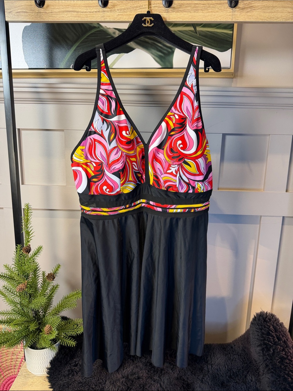 New Hanna Nikole womens plus size swim dress with a mesh front tankini top 24W